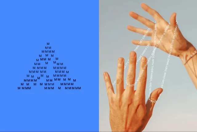 M typography hand gesture split composition, minimal, abstract, cool