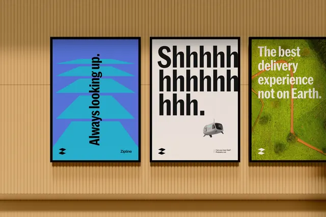 Campaign poster triptych, Zipline delivery service, minimal, geometric, cool