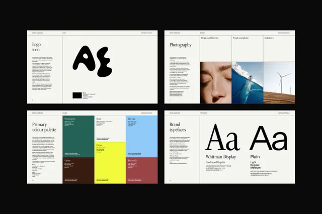 Minimalist brand guidelines with modular color palettes, minimal, swiss, dark