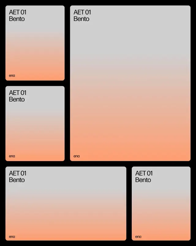 Bento card system with warm gradient palette, minimal, flat, light