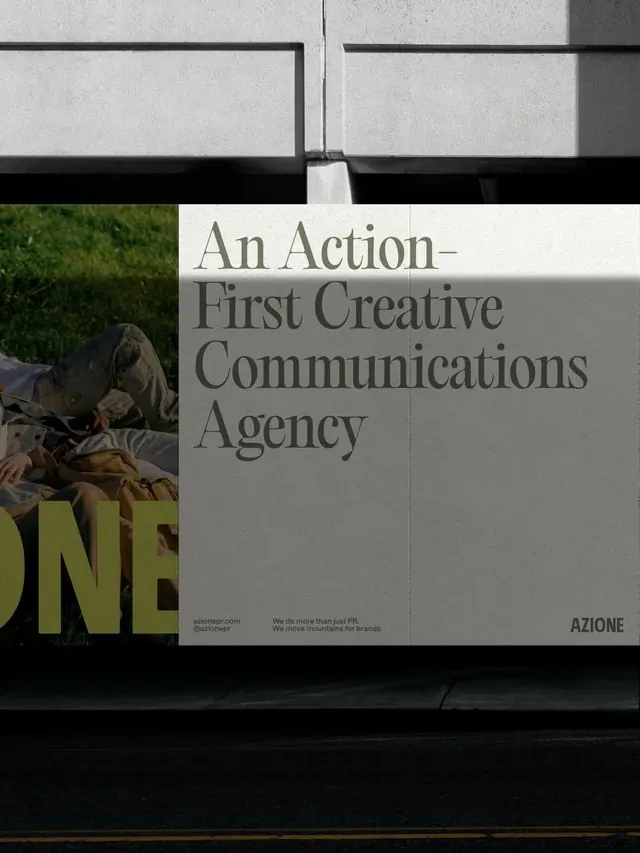 Azione agency billboard with serif headline and photography, minimal, editorial, light