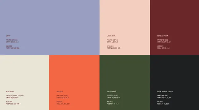 Systematic color palette grid with hex and CMYK reference, minimal, technical, light