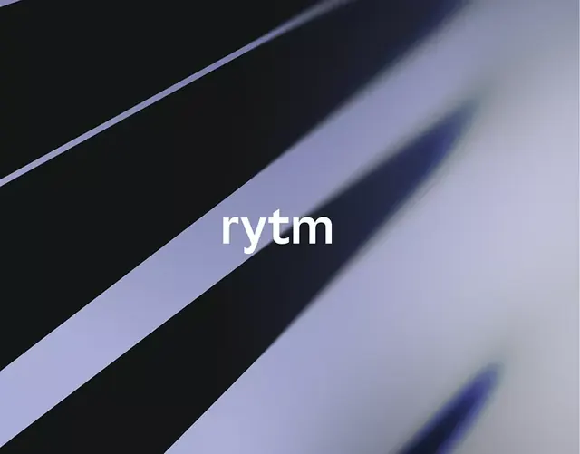 Rytm tech brand with diagonal stripe, minimal, geometric, dark