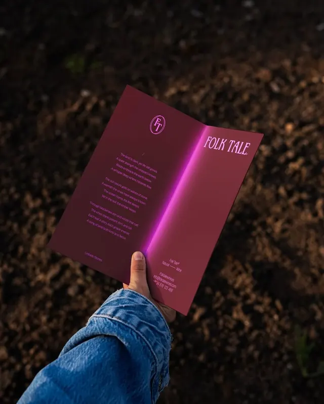 FOLK TALE neon-edge book cover, minimal, editorial, dark