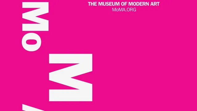 MoMA wordmark on neon magenta, minimal, geometric, vibrant
