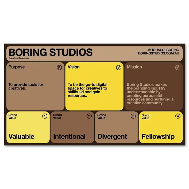 Boring Studios brand values grid system, minimal, corporate-clean, earthy
