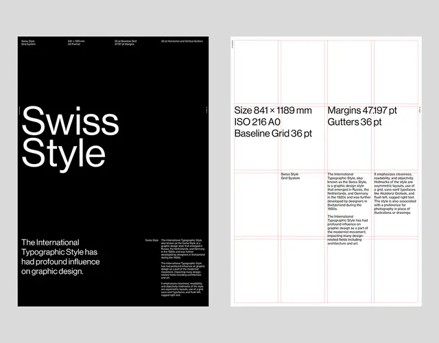 Swiss typographic grid system specimen, swiss, minimal, dark