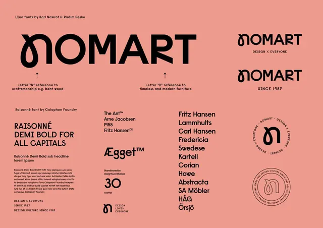 Nomart type specimen with multi-font showcase, minimal, corporate-clean, dark