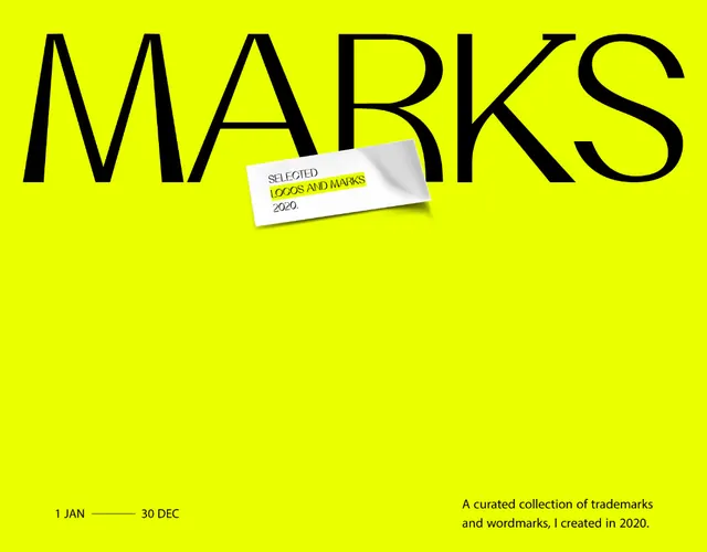 MARKS logo and wordmark specimen sheet, minimal, editorial, dark
