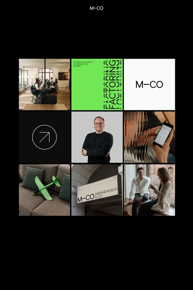 M-CO identity system and brand application, minimal, corporate-clean, dark