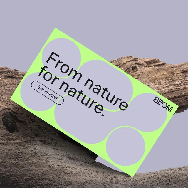 BLOOM organic brand card with lime-lavender circles, minimal, organic, light