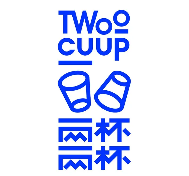 Two Cup bilingual wordmark with icon, minimal, geometric, cool