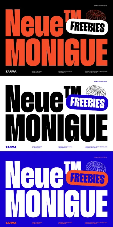 Neue Monique type specimen with color blocking, minimal, dark