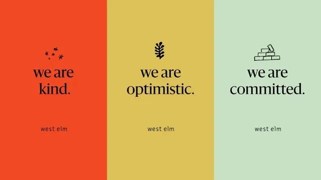West Elm three-color values system, minimal, flat, warm