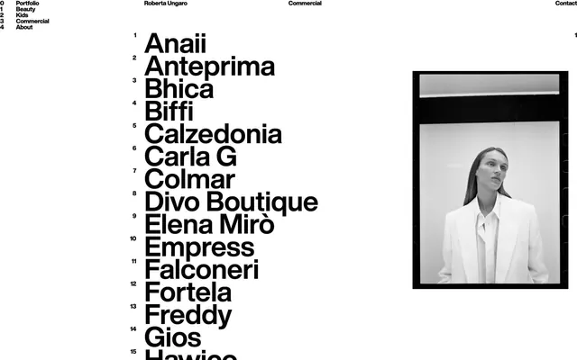 Roberta Ungaro portfolio index with numbered directory, minimal, swiss, monochrome