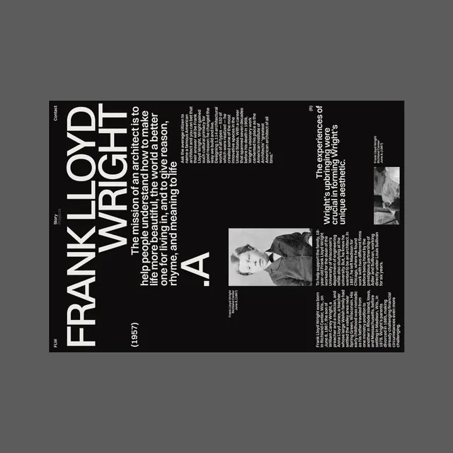 Frank Lloyd Wright monochrome editorial spread (1957), minimal, editorial, dark