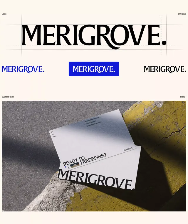 Merigrove brutalist identity system, minimal, editorial, dark