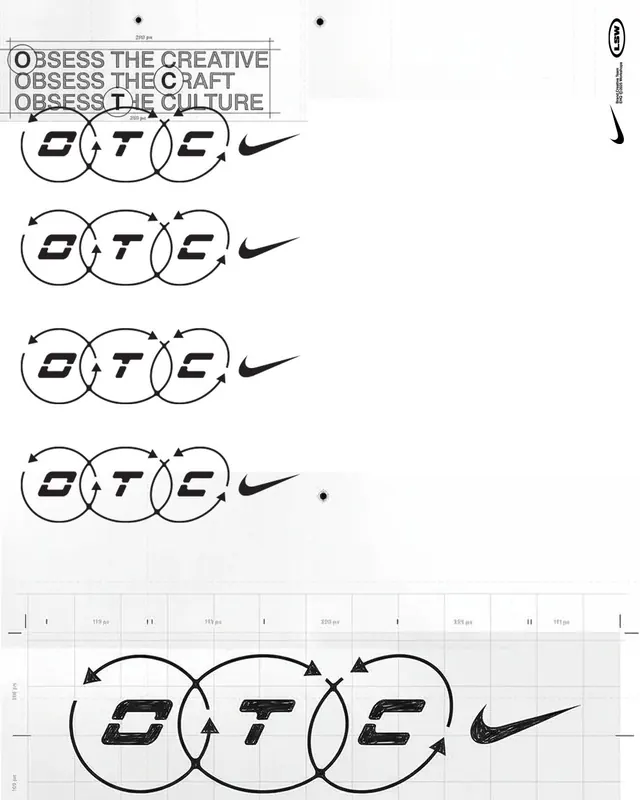 Nike OTC brand system with geometric circle composition, minimal, line-art, dark