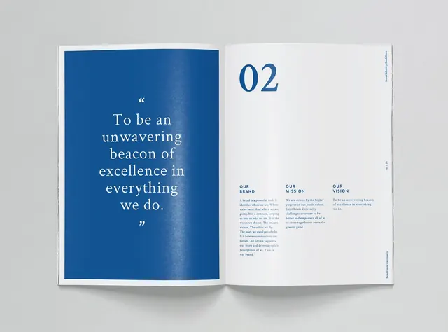 SLU brand guideline spread with quote, minimal, corporate-clean, light