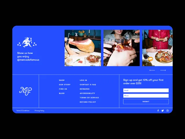 MJP food brand footer with grid image gallery and signup form, corporate-clean, minimal, vibrant