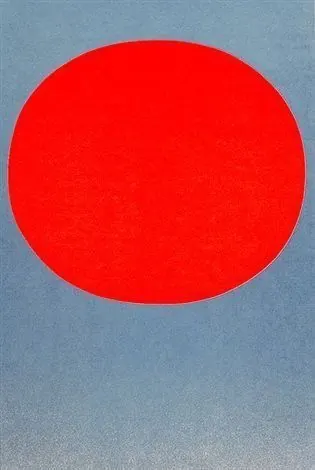 Bold red circle on muted blue background, minimal, geometric, warm