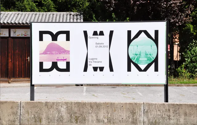 Geometric billboard with nested photographic cutouts, minimal, geometric, dark