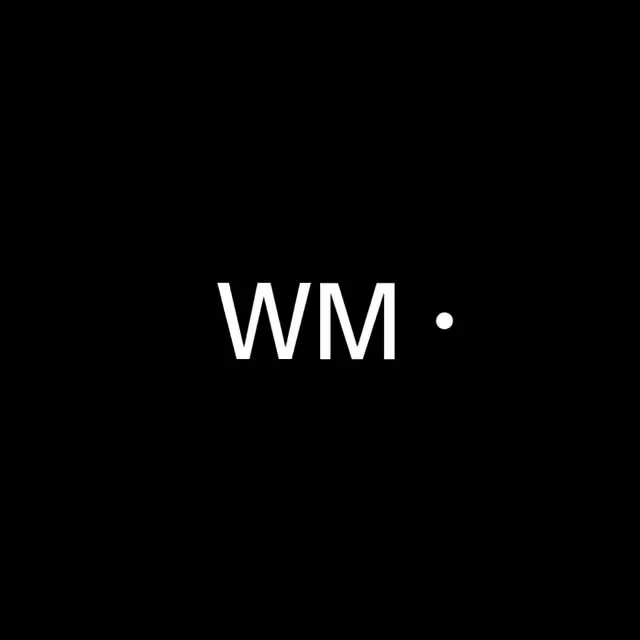 WM. bold letter-based logomark in high-contrast white and black, minimal, monochrome, dark