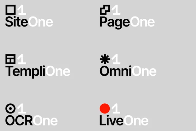 Six-icon grid system with 'One' suffix, minimal, flat, dark