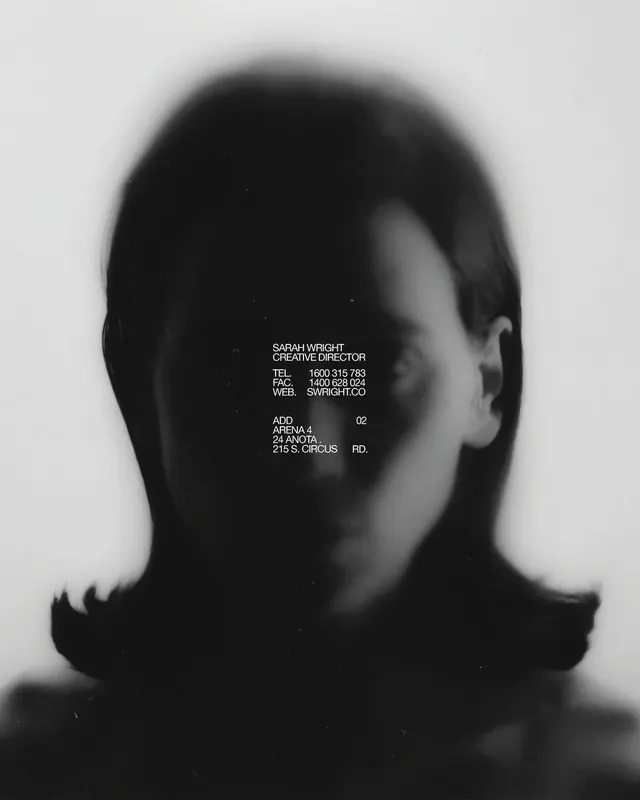 Blurred portrait business card layout, minimal, editorial, monochrome