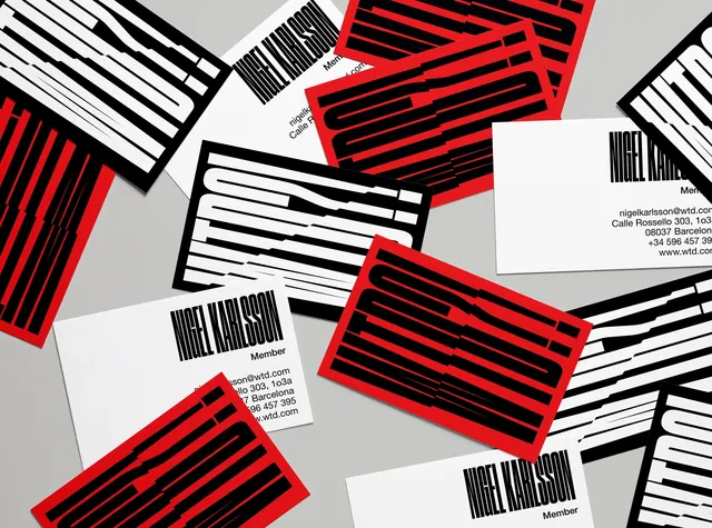 Nigel Karlsson stretched-type business cards, brutalist, swiss, high-contrast