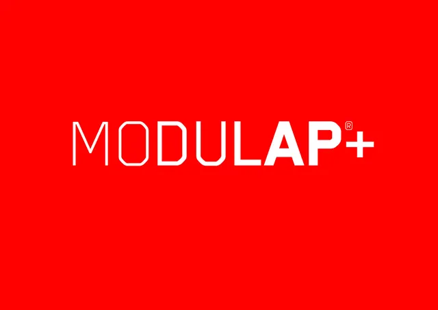MODULAP plus red wordmark, minimal, swiss, vibrant
