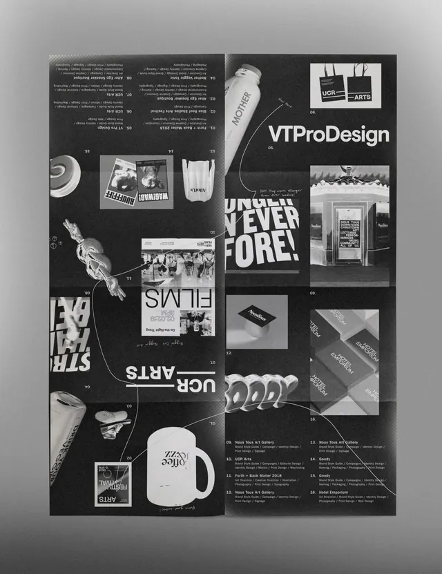 VTProDesign fold-out portfolio grid, swiss, editorial, monochrome