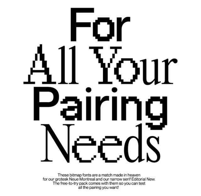 Pixel font pairing for Neue Montreal and Editorial New, retro, minimal, monochrome