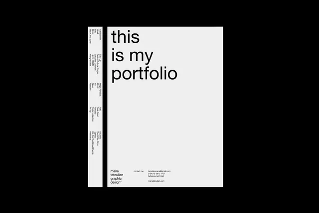 Minimalist portfolio cover with vertical sidebar typography, minimal, swiss, monochrome