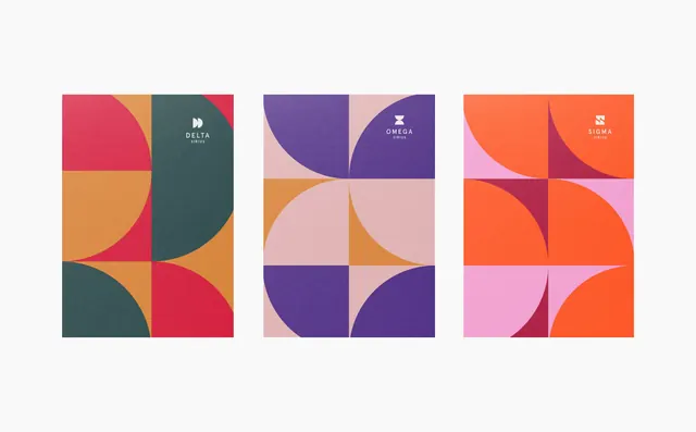 Delta Omega Sigma color-blocked identity system, geometric, minimal, vibrant