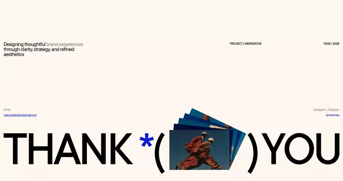 Merigrove portfolio thank you with punctuation-as-frame, minimal, geometric, light