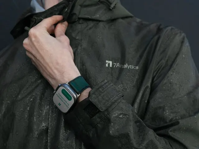 7Analytics logo on wet rain shell with smartwatch, photographic, minimal, dark