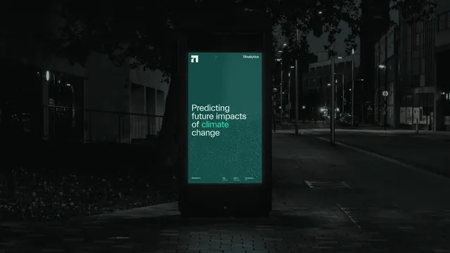 7Analytics teal citylight poster at night, gradient-heavy, dark-mode, dark
