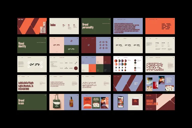 Brand guidelines grid-system reference with multi-element identity cards, minimal, corporate-clean, warm
