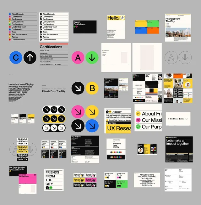 Friends From The City brand identity system, geometric, brutalist, dark