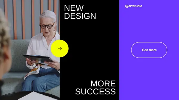 Split-screen editorial layout with photographic and solid blocks, minimal, corporate-clean, dark