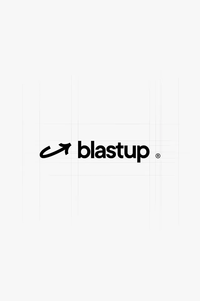 Blastup arrow wordmark, minimal, technical, monochrome