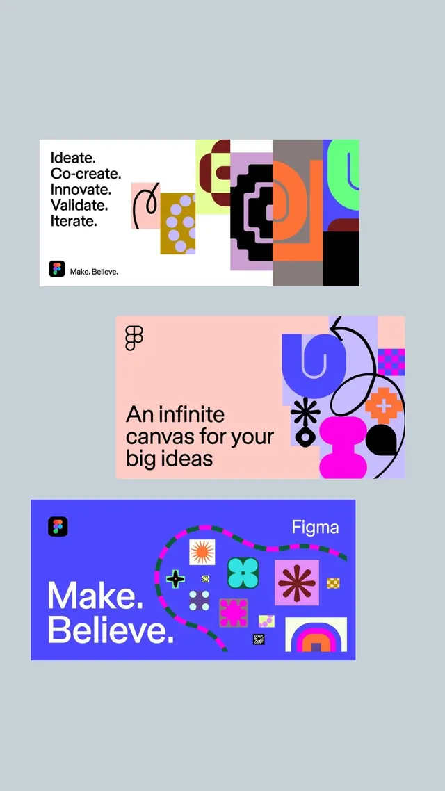Make. Believe. brand system with vibrant modular shapes, abstract, geometric, vibrant