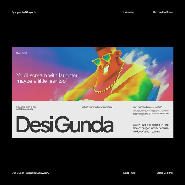 DesiGunda playful character branding, gradient-heavy, playful, warm
