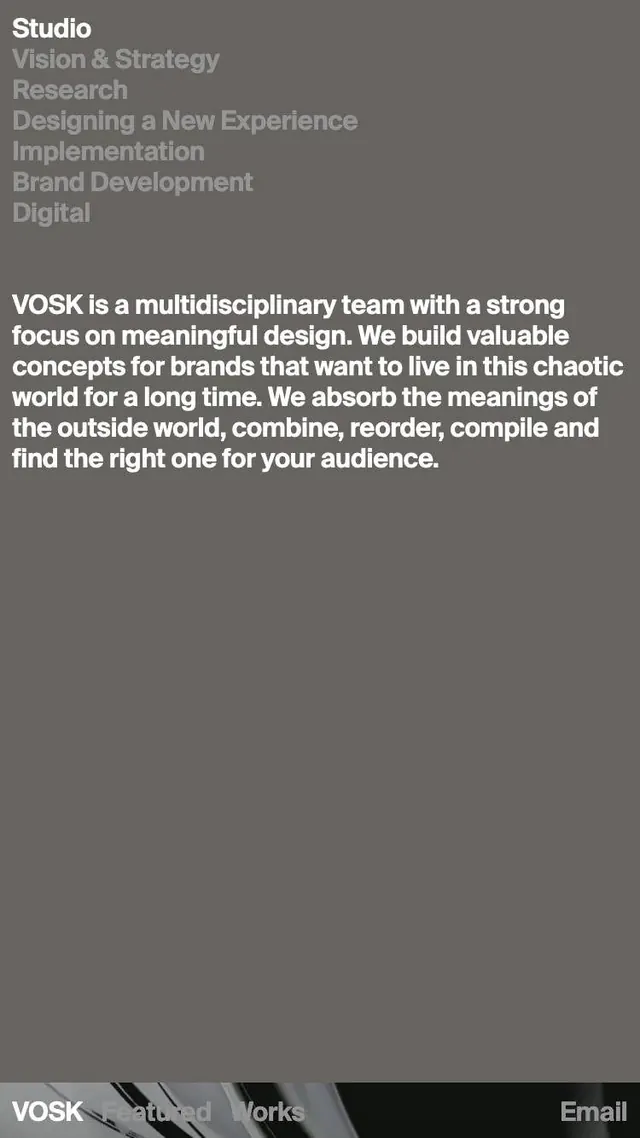 VOSK studio brand narrative composition, minimal, corporate-clean, dark