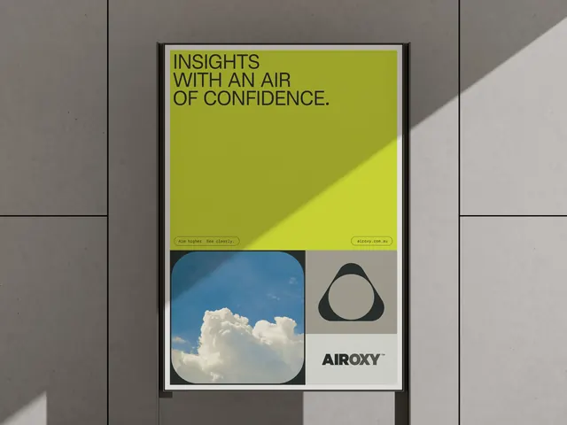 Airoxy brand card with lime headline and blue image, minimal, corporate-clean, dark