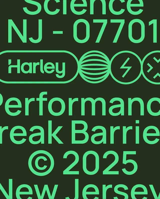 Tech wordmark with neon green type and circular badge system, minimal, technical, dark