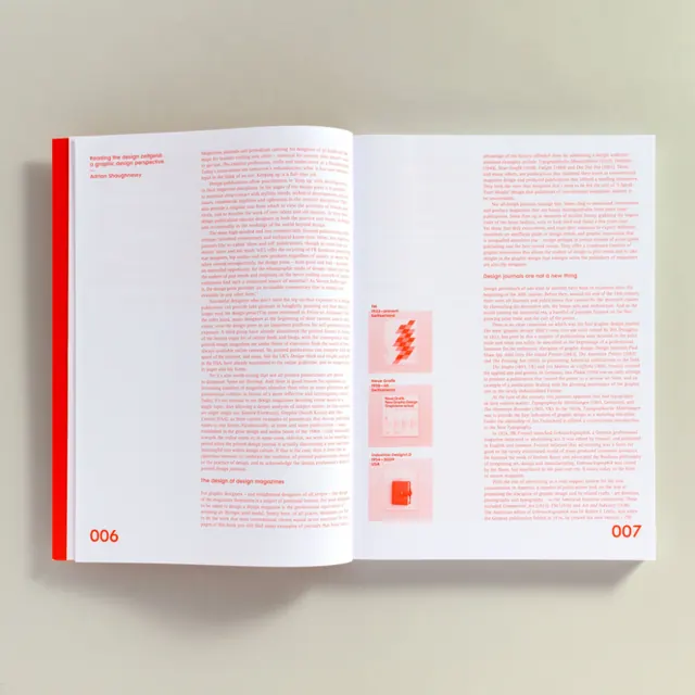 Editorial spread with geometric red accent, minimal, editorial, light