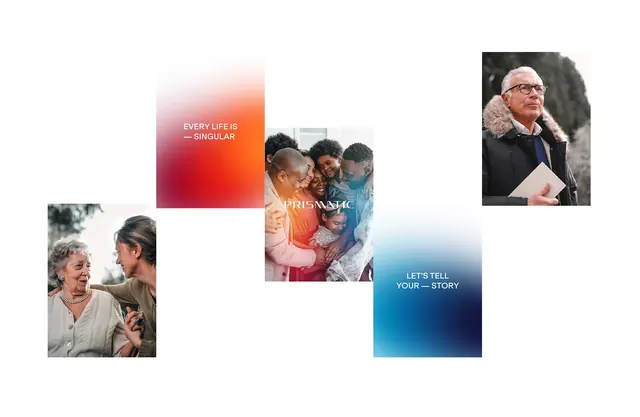 Prismatic brand identity collage, minimal, gradient-heavy, light