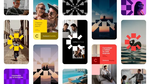 Multi-brand editorial mood board with geometric overlays, editorial, geometric, warm